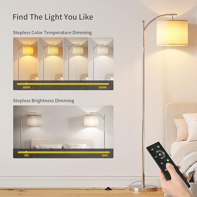 SUNMORY Dimmable Floor Lamp with Remote Control，Lamp for Living Room Stepless Color Temperature and Brightness, Standing Lamp for Bedroom and Office with 1H Timer，Nickel Floor Lamp with Linen Shade - LeafyLoom