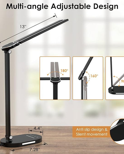Double Head LED Desk Lamp with USB Charging - 5 Color Modes, Memory Function - Ideal for Home Office Desk Lamp, Multi-Angle Adjustable and Foldable Design Table Lamp- Black - LeafyLoom