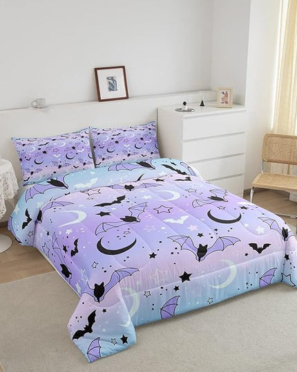 Feelyou Halloween Comforter Rainbow Comforter Set for Boys Girls Children Bat Moon Star Print Bedding Set Halloween Theme Purple Gradient Style Room Decor Queen Size Duvet Set 3Pcs - LeafyLoom