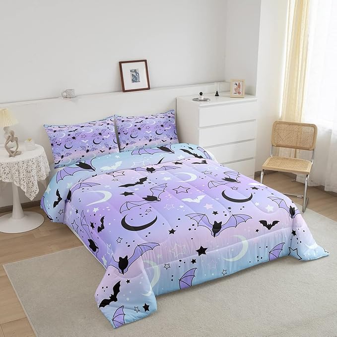 Feelyou Halloween Comforter Rainbow Comforter Set for Boys Girls Children Bat Moon Star Print Bedding Set Halloween Theme Purple Gradient Style Room Decor Queen Size Duvet Set 3Pcs - LeafyLoom
