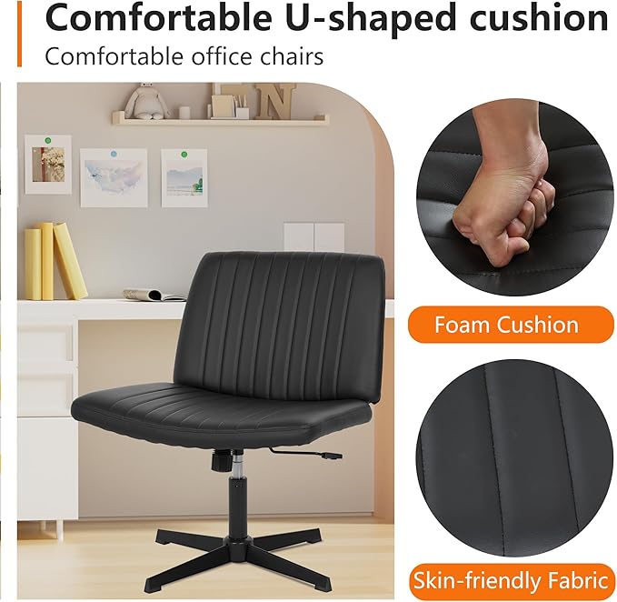 FDW Criss Cross Chair Armless Cross Legged Office Desk Chair Adjustable Swivel Ergonomic Gaming Chair No Wheels Backrest with Wide Seat Native Sponge Computer Task Vanity Chair for Home Office,Black - LeafyLoom