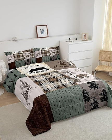 Rustic Farmhouse Kids Comforter Set Twin Size,Deer Antlers Bear Paws Plaids Patchwork Bedding Set for Boys Girls Adults Room Decor,Pine Trees Arrows Down Comforter,Xmas Duvet Insert,1 Pillowcase - LeafyLoom