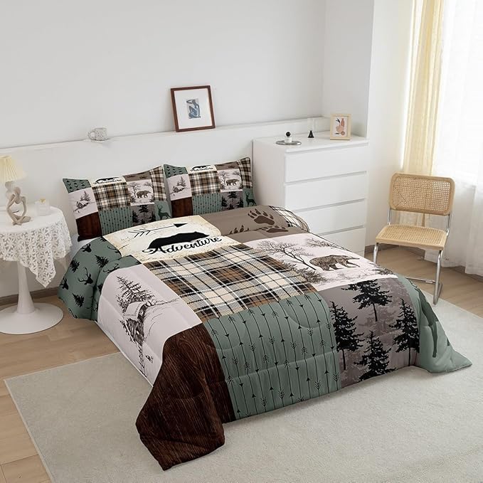 Rustic Farmhouse Kids Comforter Set King Size,Deer Antlers Bear Paws Plaids Patchwork Bedding Set for Boys Girls Adults Room Decor,Pine Trees Arrows Down Comforter,Xmas Duvet Insert,2 Pillowcases - LeafyLoom