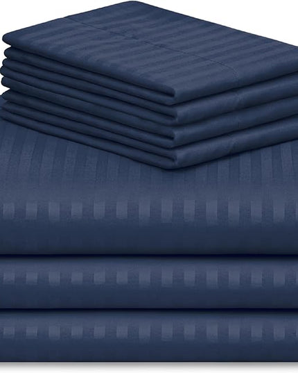 LuxClub 7 PC Split King Size Sheet Set Bed Sheets, Breathable Luxury Bed Sheets, Deep Pockets 18" Wrinkle Free Cooling Bed Sheets Machine Washable Hotel Bedding (Split King, Striped Navy) - LeafyLoom