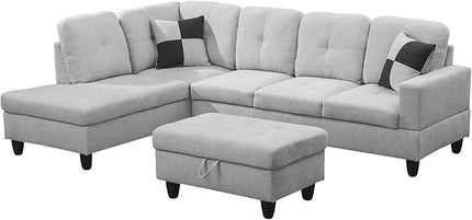 ROOMTEC 3 Piece L Shaped Sectional Sofa Set with Storage Ottoman, Left Facing Chaise Longue, Reversible Backrest w/ 2 Cup Holders, Flannel Tufted Cushions, for Living Room, Off White - LeafyLoom