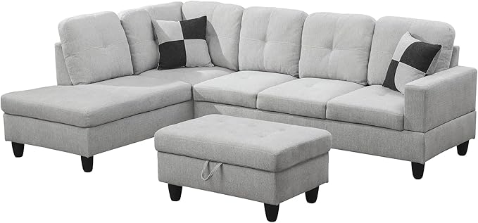 ROOMTEC 3 Piece L Shaped Sectional Sofa Set with Storage Ottoman, Left Facing Chaise Longue, Reversible Backrest w/ 2 Cup Holders, Flannel Tufted Cushions, for Living Room, Off White - LeafyLoom