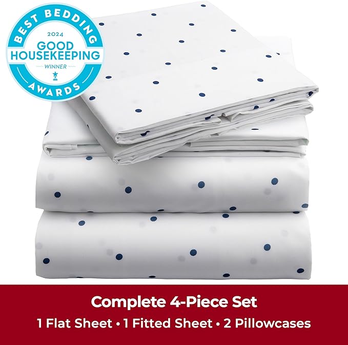 Mellanni Full Sheets Set - 4 PC Iconic Collection Bedding Sheets & Pillowcases - Hotel Luxury, Extra Soft, Cooling Bed Sheets - Deep Pocket up to 16 inch (Full, Polka Dot Navy) - LeafyLoom