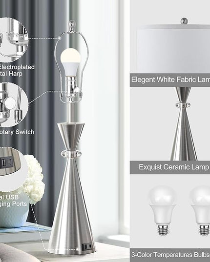 Table Lamps Set of 2, 3-Color Temperature Dimmable Modern Metal Bedside Lamps with 2 USB Ports, 26.5" Large Lamps Nightstand Lamp with White Fabric Shade for Living Room Bedrooms Decorations - LeafyLoom
