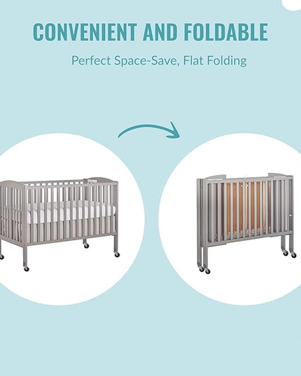 Folding Full Size Convenience Crib In Storm Grey, Two Adjustable Mattress Height Positions, Comes With Heavy Duty Locking Wheels, Flat Folding - LeafyLoom