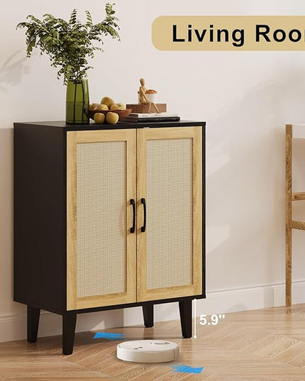 Rattan Decorated Buffet Cabinet - 2 Doors Simple Style Storage Cabinet, Shoe Cabinet with Adjustable Shelves, Sideboard for Kitchen, Living Room, Hallway, Entryway (Black) - LeafyLoom