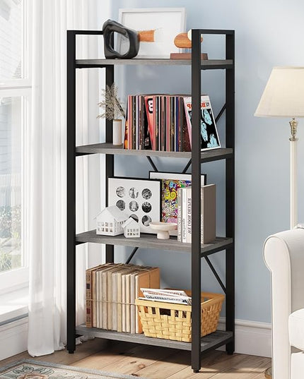 BON AUGURE Industrial 4 Tier Bookshelf, Modern Open Etagere Bookcase, Wood Metal Book Shelves for Living Room, Bedroom and Office (Dark Gray Oak) - LeafyLoom
