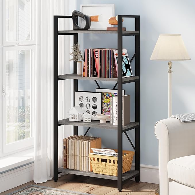 BON AUGURE Industrial 4 Tier Bookshelf, Modern Open Etagere Bookcase, Wood Metal Book Shelves for Living Room, Bedroom and Office (Dark Gray Oak) - LeafyLoom