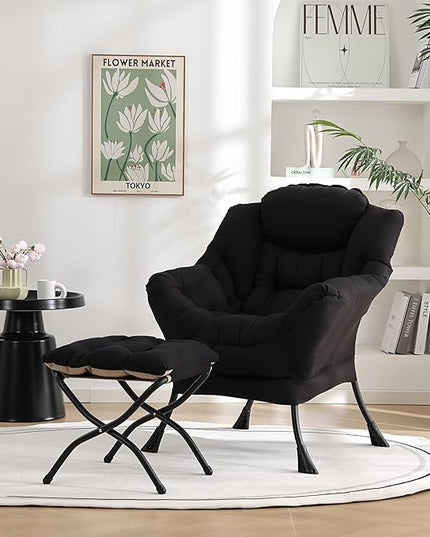 Welnow Lazy Chair with Ottoman, Modern Lounge Accent Chair with Armrests and a Side Pocket, Leisure Sofa Chair Set, Reading Chair with Footrest for Small Space, Corner Chair, Black - LeafyLoom