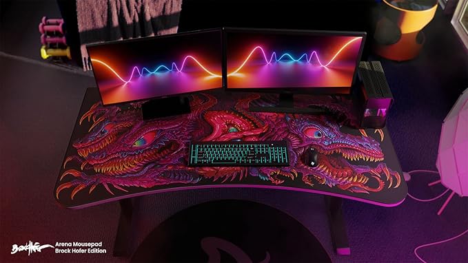 Arozzi Arena Special Edition Ultrawide Curved Gaming and Office Desk with Full Surface Water Resistant Desk Mat Custom Monitor Mount Cable Management Cut Outs - Crawling Chaos - LeafyLoom