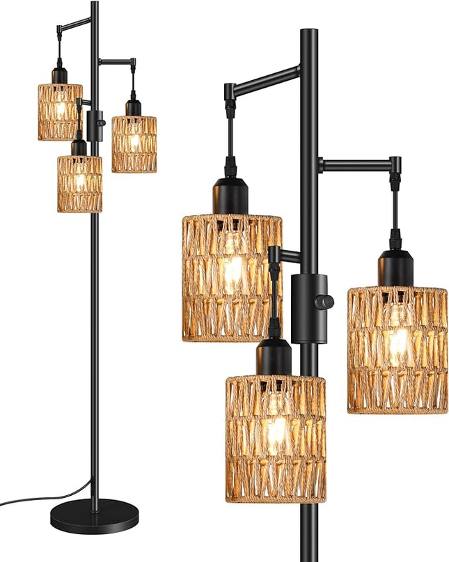 Dimmable Floor Lamp, Farmhouse Tall Standing Tree Lamp with 3 Rope Woven Lampshades, Boho Rattan Floor Lights, 4W 3 LED Bulbs Included, for Living Room, Bedroom, Study, Office B03LD05 - LeafyLoom