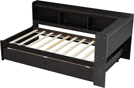Twin Size Platform Bed with L-Shaped Bookcase and 2 Drawers, Wooden DayBed Bedframe with Storage Headboard for Bedroom Guest Room, Espresso - LeafyLoom