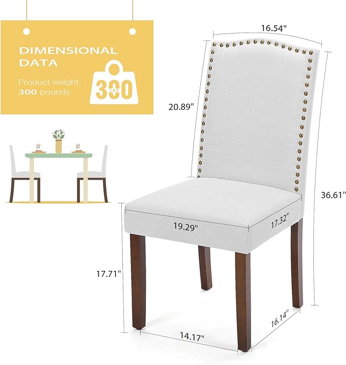 MCQ Upholstered Dining Chairs Set of 2, Modern Upholstered Fabric Dining Room Chair with Nailhead Trim and Wood Legs, Mid-Century Accent Dinner Chair for Living Room, Kitchen, Grey - LeafyLoom