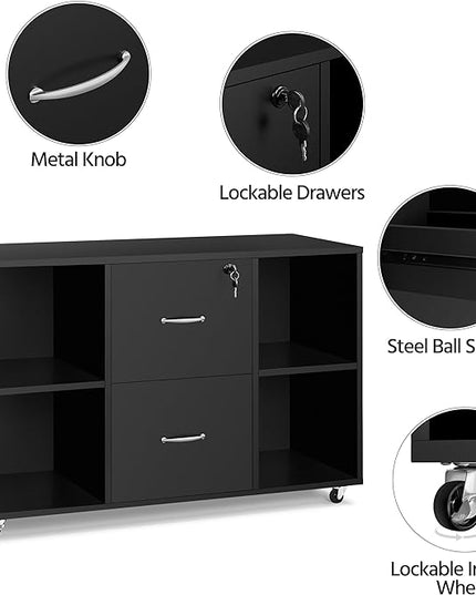 Yaheetech Black File Cabinet Large Mobile Storage Lateral Filing Cabinet with 2 Drawer and 4 Open Compartments,for Letter Size A4 Size, Printer Stand for Home Office, Black - LeafyLoom