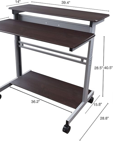 Stand Up Desk Store Rolling Adjustable Height Two Tier Standing Desk Computer Workstation (Silver Frame/Dark Walnut Top, 40" Wide) - LeafyLoom