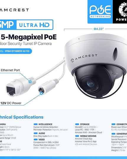Amcrest 5MP POE Camera, Outdoor Vandal Dome Security POE IP Camera, 5-Megapixel, 98ft NightVision, 2.8mm Lens, IP67, IK10 Resistance, MicroSD 256GB (Sold Separately), Cloud, NVR (IP5M-D1188EW-AI-V3) Amcrest