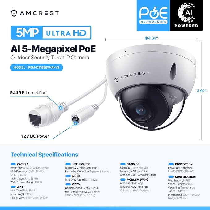 Amcrest 5MP POE Camera, Outdoor Vandal Dome Security POE IP Camera, 5-Megapixel, 98ft NightVision, 2.8mm Lens, IP67, IK10 Resistance, MicroSD 256GB (Sold Separately), Cloud, NVR (IP5M-D1188EW-AI-V3) Amcrest
