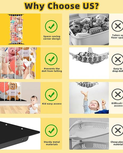 Toy Storage Organizer Corner Stuffed Animal Plush Toy Storage Kids Room Holder with Length Adjustable Large Toys Wall Hanging Shelf for Nursery Playroom Bedroom Sturdy Metal Black - LeafyLoom