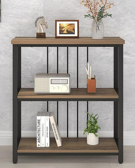FOLUBAN Small Bookshelf and Bookcase, 3 Tier Open Book Shelf, Modern Metal and Wood Shelving Unit for Living Room Bedroom, Oak - LeafyLoom
