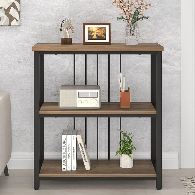 FOLUBAN Small Bookshelf and Bookcase, 3 Tier Open Book Shelf, Modern Metal and Wood Shelving Unit for Living Room Bedroom, Oak - LeafyLoom