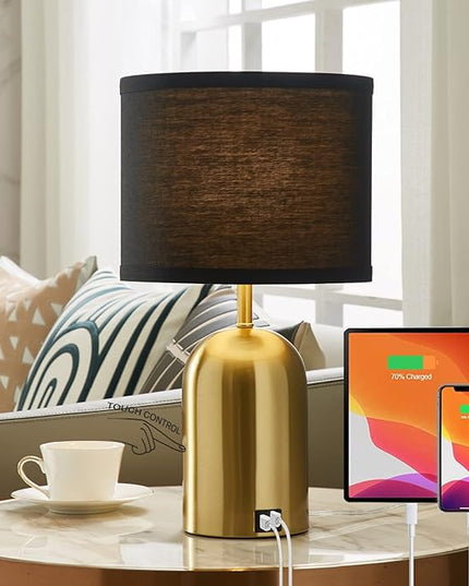 3-Way Dimmable Table Lamp Set of 2 for Living Room,Touch Control Modern Bedside Lamps with 2 USB Ports Nightstand Lamp with Black Shade and Gold Base for Bedroom Reading Room Hotel Office - LeafyLoom