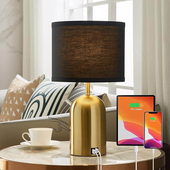 3-Way Dimmable Table Lamp Set of 2 for Living Room,Touch Control Modern Bedside Lamps with 2 USB Ports Nightstand Lamp with Black Shade and Gold Base for Bedroom Reading Room Hotel Office - LeafyLoom