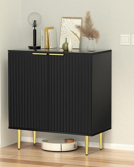 Black Fluted Buffet Cabinet,Wood Sideboard Buffet Cabinet with Adjustable Shelf, Fluted Accent Cabinet with Rose Gold Colored Metal Legs, Storage Cabinet for Living Room,Dining Room,Kitchen - LeafyLoom
