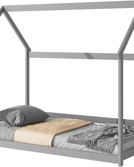 Twin Size Wood House Bed,Wood Platform Bed with Storage Shelves and Hanger,Floor Twin Size Montessori Bed Frame, Kids Boys Girls Bedroom,Living Room,No Box Spring Required,Grey - LeafyLoom