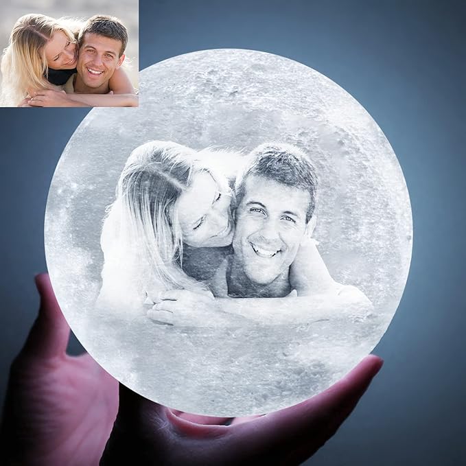 Custom Moon Lamp with Your Photo Text - 3D Printing Moon Light 5.9 Inch Touch Change 2 Colors - Personalized Christmas Birthday Valentine's Gift For Her Women Wife Girlfriend Couple Daughter Son - LeafyLoom