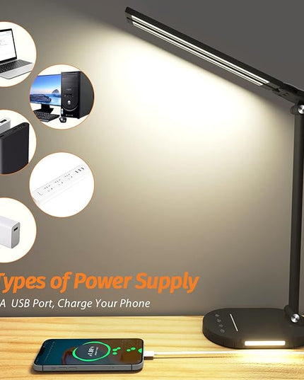LED Desk Lamps for Home Office, Dual Swing Arm Desk Light, Dimmable Desk Lamp with USB Charging Port, Office Lamp with Night Light, 1H Timer, 5 Color Modes 5 Brightness Levels, Eye-Caring Table Lamp - LeafyLoom