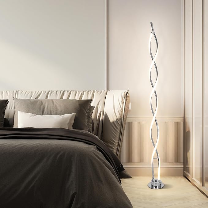 ADISUN 31W Modern Floor Lamp, LED Spiral Floor Lamp for Living Room, 3-Color Dimmable Standing Floor Lamp with Remote Control, 58" Tall Floor Lamp for Living Room Bedroom Office Dining Room (Silver) - LeafyLoom