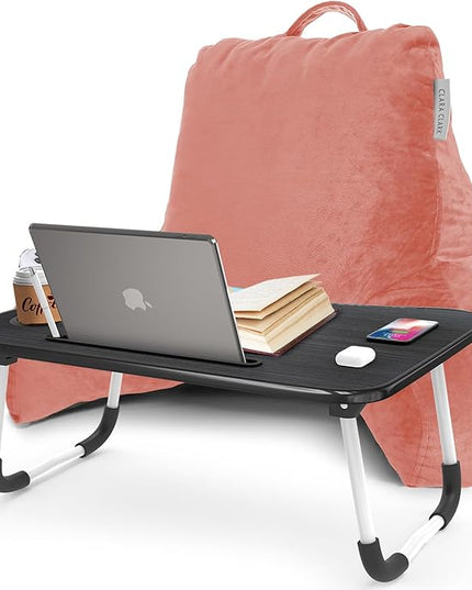 Clara Clark Reading Pillow with Portable Lap Desk for laptop Set, Back Pillow for Sitting Up in Bed, Memory Foam Back Support Pillow, Bed Rest Pillow with Foldable Laptop Desk, Standard - Misty Rose - LeafyLoom