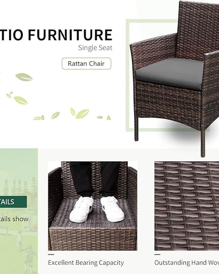 Greesum 3 Pieces Patio Furniture Sets Outdoor PE Rattan Wicker Chairs with Soft Cushion and Glass Coffee Table for Garden Backyard Porch Poolside, Brown and Gray - LeafyLoom