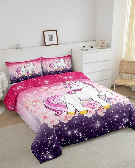 Unicorn Comforter Set Full Glitter Bedding Set Cherry Blossoms Duvet Insert Kids Cartoon Kawaii Animal Down Comforter Ombre Galaxy Stars Fantasy Girls Room Decor Quilt Set Aesthetic Pink Purple - LeafyLoom
