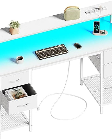 55 inch Computer Desk with 4 Drawers, Gaming Desk with LED Lights & Power Outlets, Home Office Desk with Large Storage Space for Bedroom, Work from Home, White - LeafyLoom