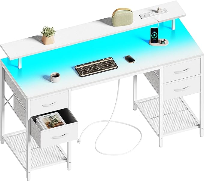 55 inch Computer Desk with 4 Drawers, Gaming Desk with LED Lights & Power Outlets, Home Office Desk with Large Storage Space for Bedroom, Work from Home, White - LeafyLoom