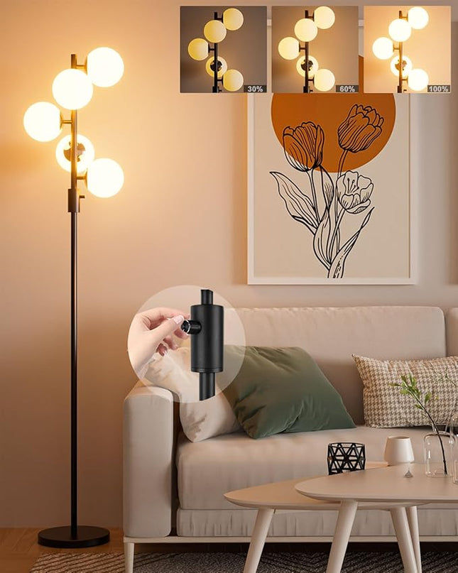 Lightdot Dimmable (Brightness Adjustable) Globe Floor Lamp, Black Retro Standing Lamps with 5x3000K G9 Bulbs Included, Mid Century Modern Floor Lamp for Living Room - LeafyLoom
