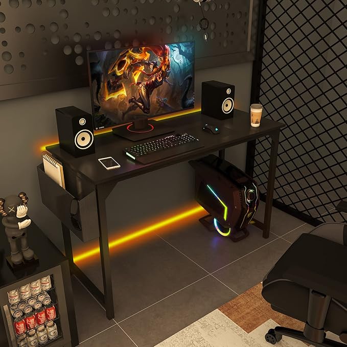 Computer Desk Home Office Desk 47 Inch Writing Desks Small Space Desk Study Table Modern Simple Style Work Table Student Desk PC Table with Storage Bag Headphone Hook Metal Frame for Home, Bedroom - LeafyLoom