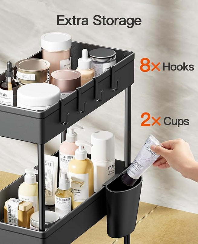 Pipishell Bathroom Cart, 2 Pack Slim Storage Cart Bathroom Organizer with Hanging Cups & Hooks, Bathroom Storage Rolling Cart for Bathroom, Laundry Room, Kitchen, Set of 2, PIUC07BK2 - LeafyLoom