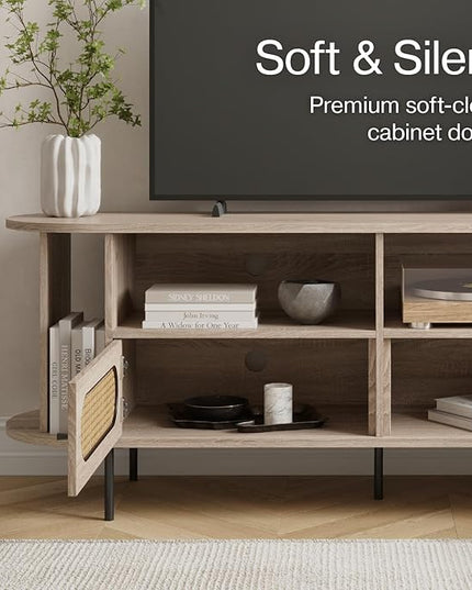 Oval Rattan TV Stand - Media Console - 63" TV Entertainment Center with Storage - Console Table for Living Room and Bedrooms - Supports 32 to 65" TVs - Soft-Close Cabinet Doors (Light Oak) - LeafyLoom