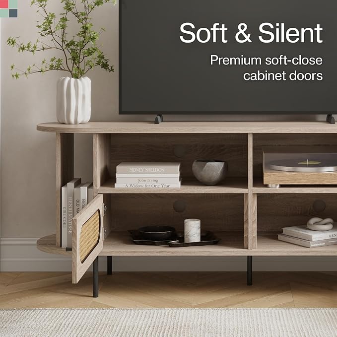 Oval Rattan TV Stand - Media Console - 63" TV Entertainment Center with Storage - Console Table for Living Room and Bedrooms - Supports 32 to 65" TVs - Soft-Close Cabinet Doors (Light Oak) - LeafyLoom