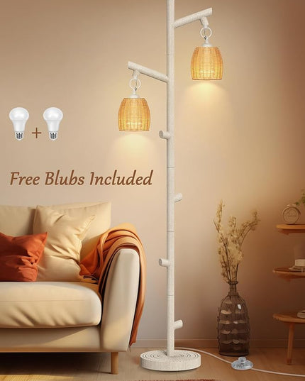 WIHTU 2 Light Tall Floor Lamps for Living Room Bright Lighting, Vintage Standing Lamp for Bedroom, White LED Pole Lamp floor with Wood Bamboo Woven Shades, Tree Corner Light for Home Decor - LeafyLoom