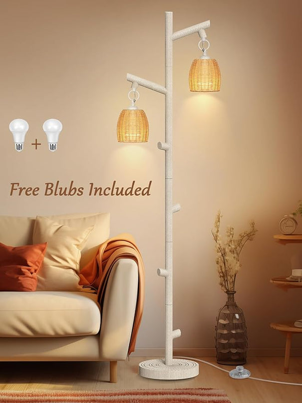 WIHTU 2 Light Tall Floor Lamps for Living Room Bright Lighting, Vintage Standing Lamp for Bedroom, White LED Pole Lamp floor with Wood Bamboo Woven Shades, Tree Corner Light for Home Decor - LeafyLoom