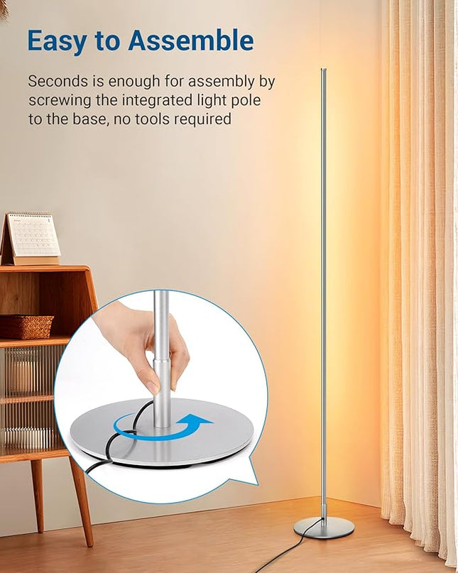 DEWENWILS Minimalist LED Corner Floor Lamp, Set of 2 Slim Dimmable Mood Light, 57.5" Standing Tall Lamp for Living Room, Bedroom, Office, 3000K Warm White Light (Silver) - LeafyLoom