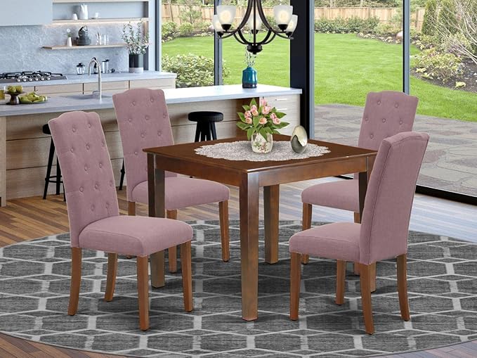East West Furniture OXCE5-MAH-10 Oxford 5 Piece Modern Dining Set Includes a Square Wooden Table and 4 Dahlia Linen Fabric Upholstered Parson Chairs, 36x36 Inch - LeafyLoom
