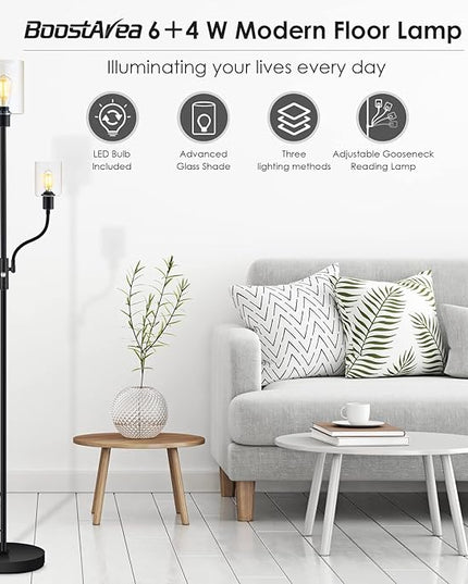 BoostArea Floor Lamp, 6W Black Modern Floor Lamp with 4W Adjustable Reading Lamp, 2700K Energy-Saving LED Bulbs Included, Industrial Bright Floor Lamp for Bedroom, Living Room and Office - LeafyLoom